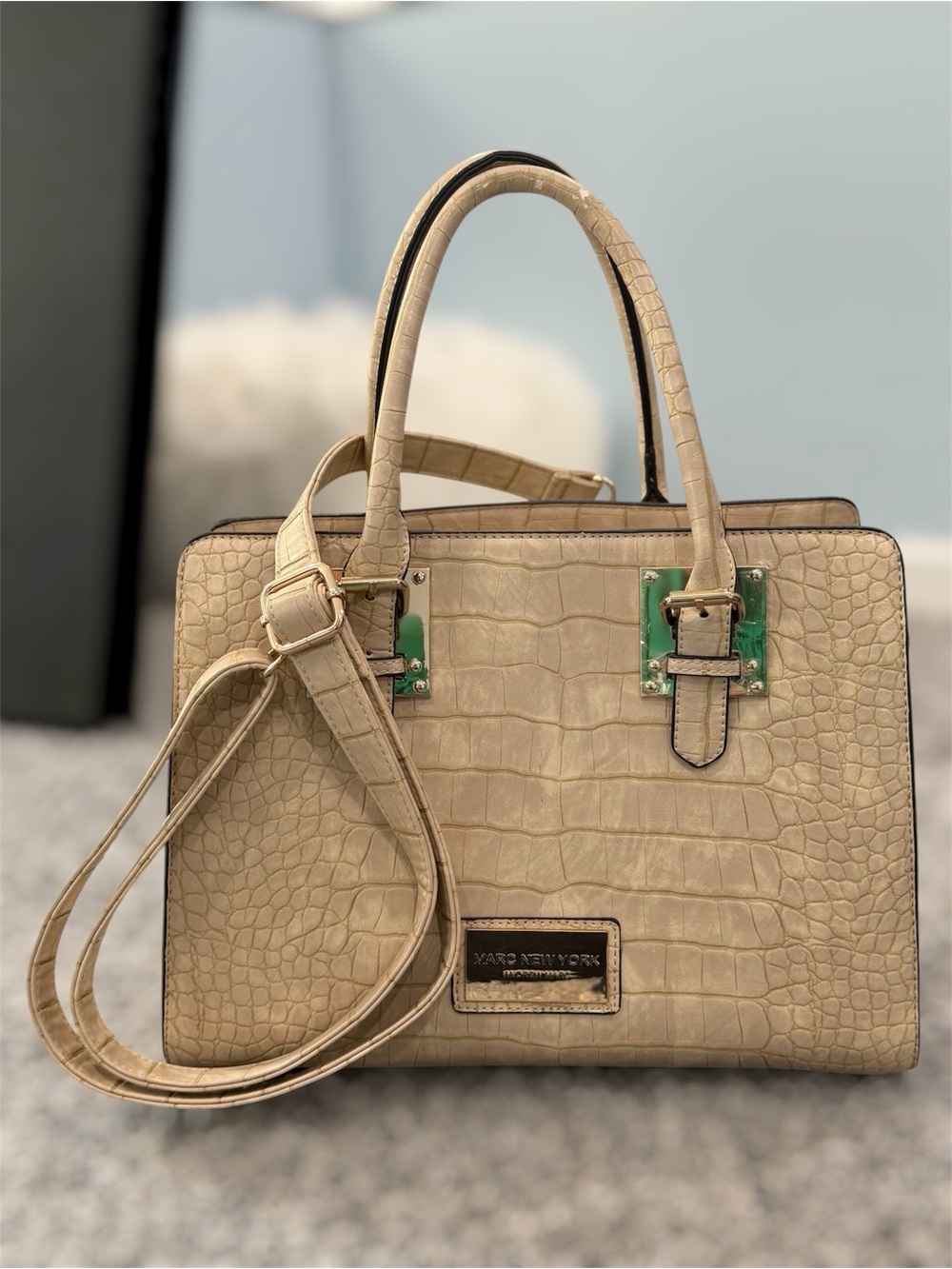 Marc New York Beige Croc-Embossed Satchel with Gold Accent Plates